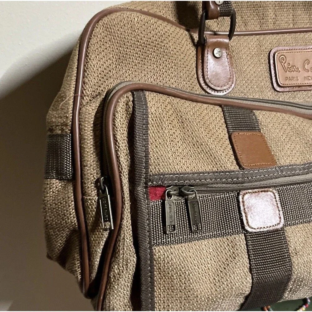 Iconic Pierre Cardin Travel Gym Bag 4 zip Suitcase Brown Tweed Luggage Tag